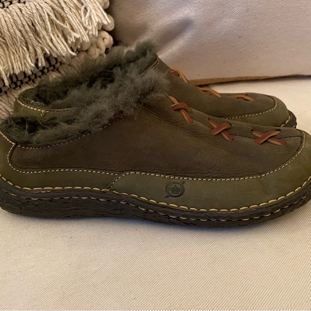 Born Olive Green Suede Shearling-Lined Clog Mules with Brown Lace Accents - Picture 2 of 7